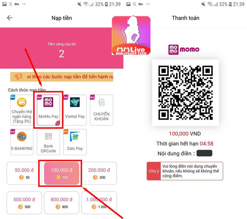 Hướng dẫn cách nạp tiền mmlive qua momo